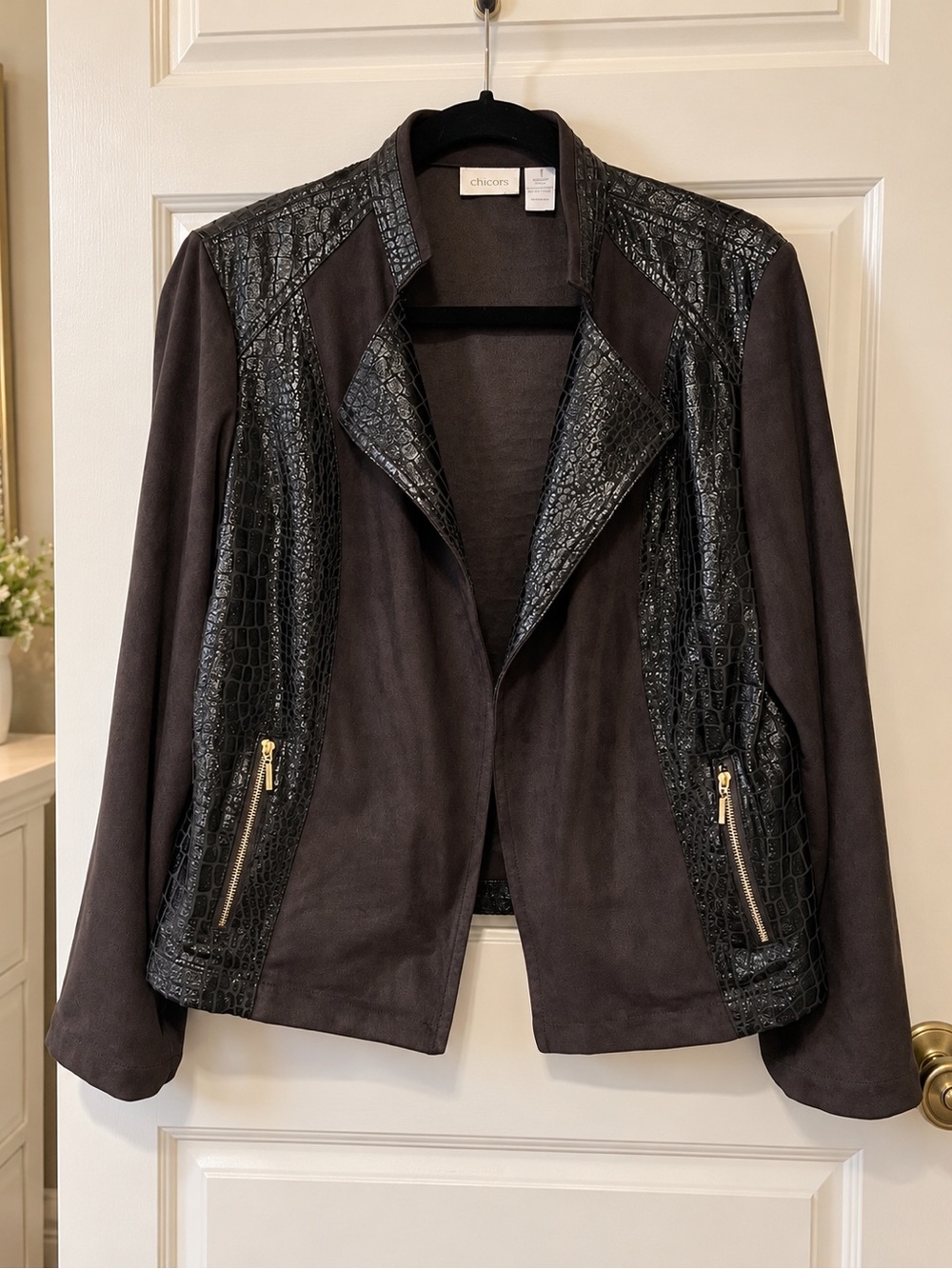 Chicos Croc Texture Moto Jacket Womens M Brown Faux Suede Open Front Light